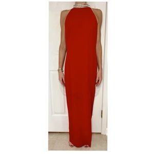 Jeweled High Neck, Red Sleeveless Couture Dress